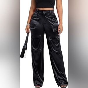 Dynamite Black Satin Cargo Wide-Leg Pants